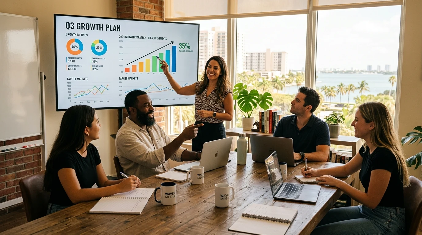 Miami small business team in a strategy meeting reviewing a growth plan with charts on a large monitor.