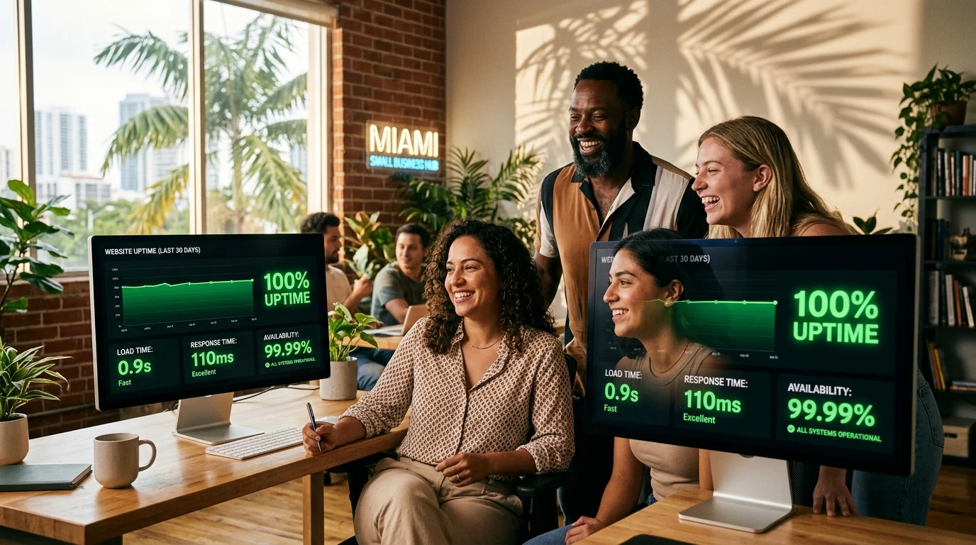 Miami small business team relaxed with a fast-loading website showing green uptime metrics on a monitor.