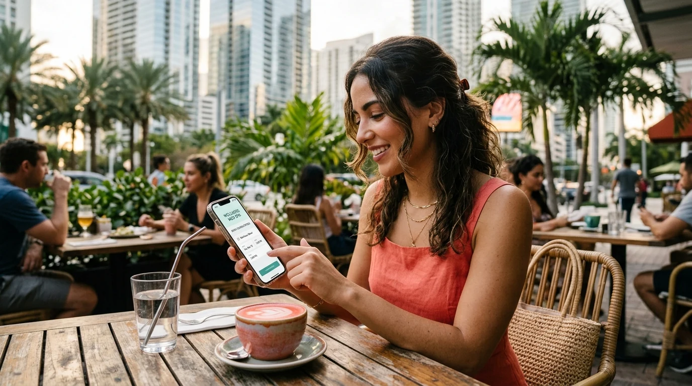 Miami woman booking a med spa consultation on her phone at a Brickell cafe with a coral latte.
