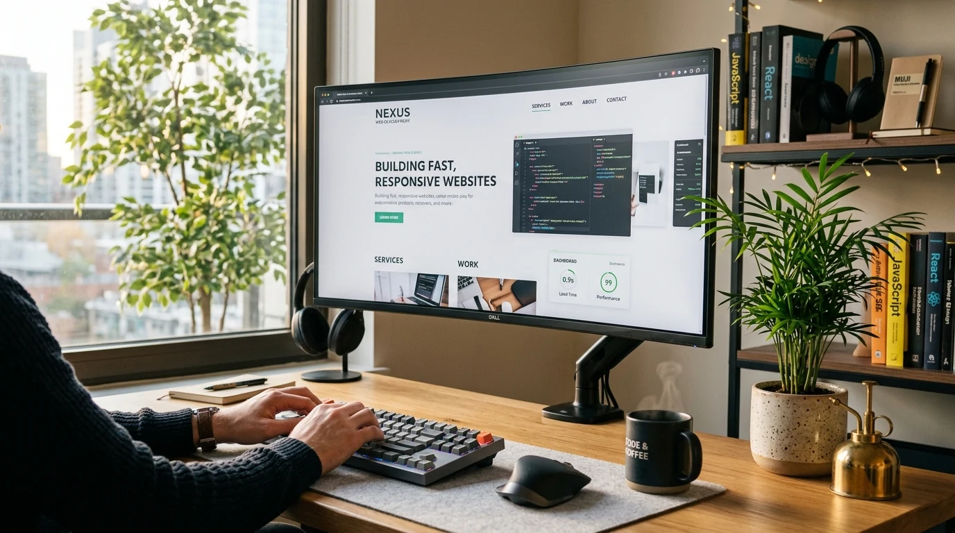 Modern developer workstation with a large monitor showing a fast-loading custom website beside a small palm plant.