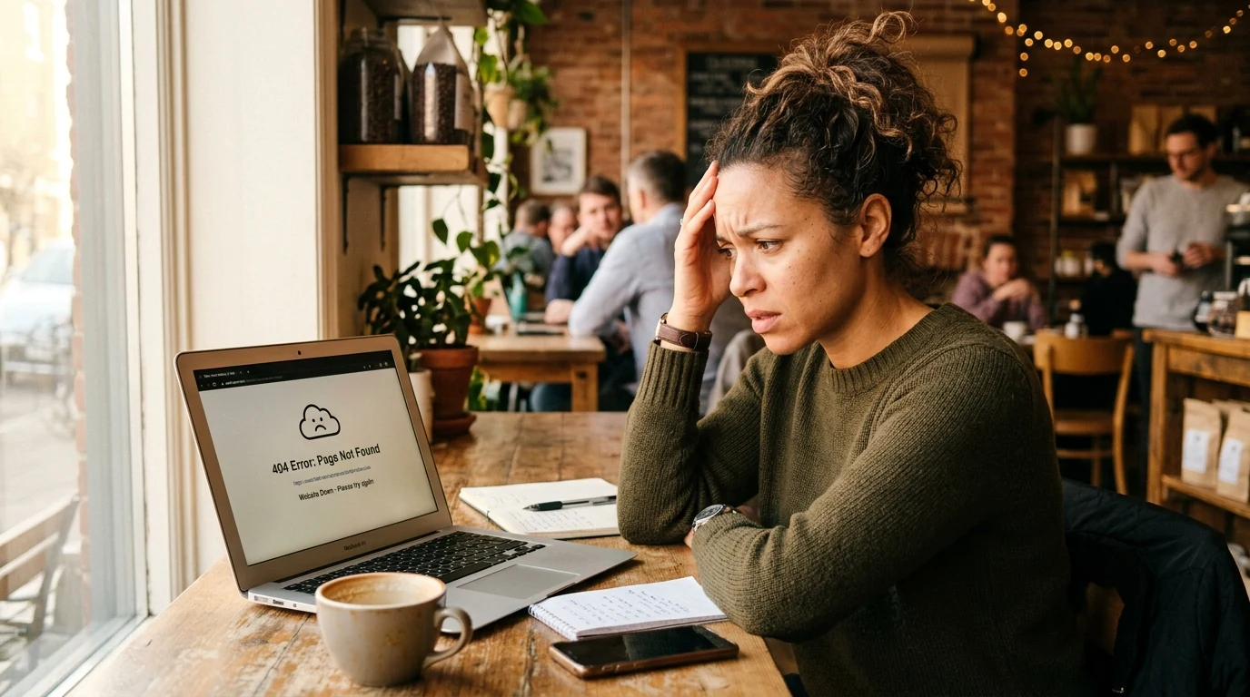 Small business owner staring at an error page on a laptop with a concerned expression at a coffee shop.