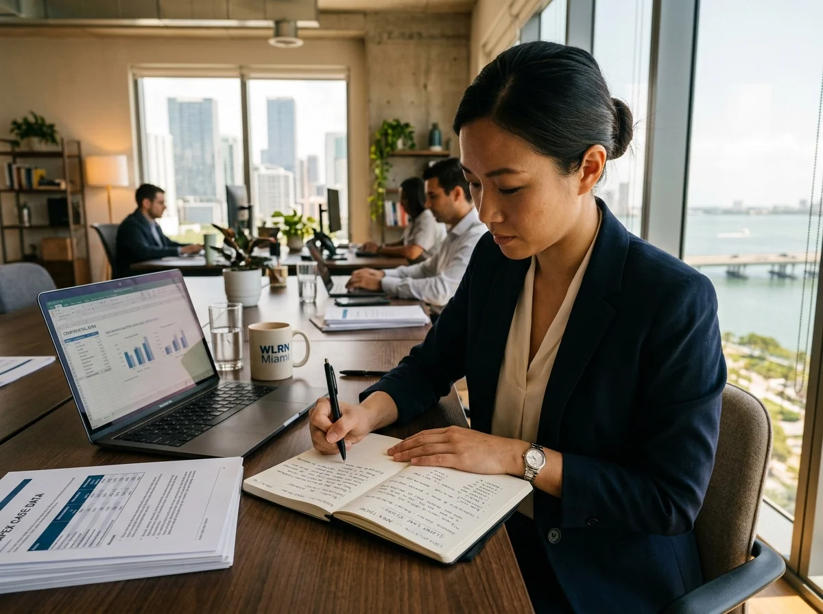 Professional at a Miami office desk writing detailed notes about a real client case study.