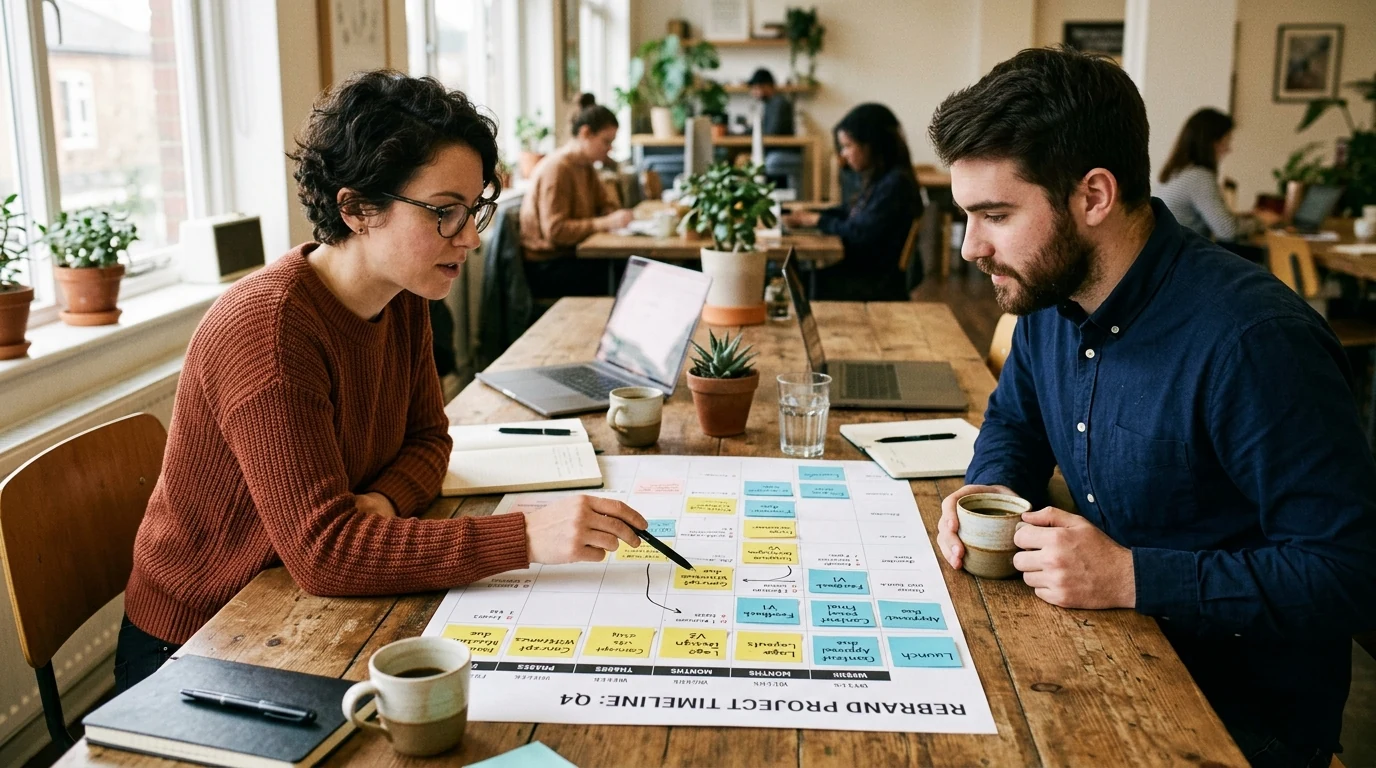 Two people reviewing a printed project timeline with sticky notes marking client and designer deliverables.