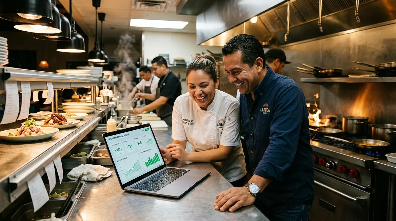 A restaurant manager and chef reviewing customer orders together on a tablet in the kitchen