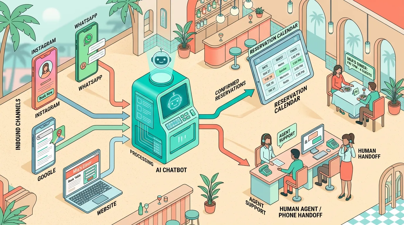 Isometric diagram of Instagram, WhatsApp, Google, and website messages funneling into a restaurant chatbot