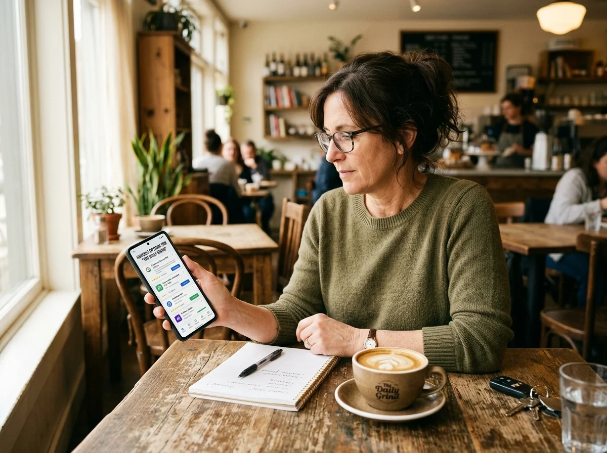 Restaurant owner on their phone reviewing chatbot options at a bright cafe table with coffee.
