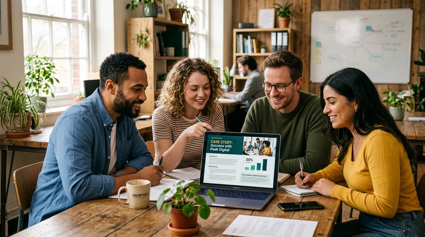 Small business team gathered around a laptop reviewing a case study with photos and detailed data.