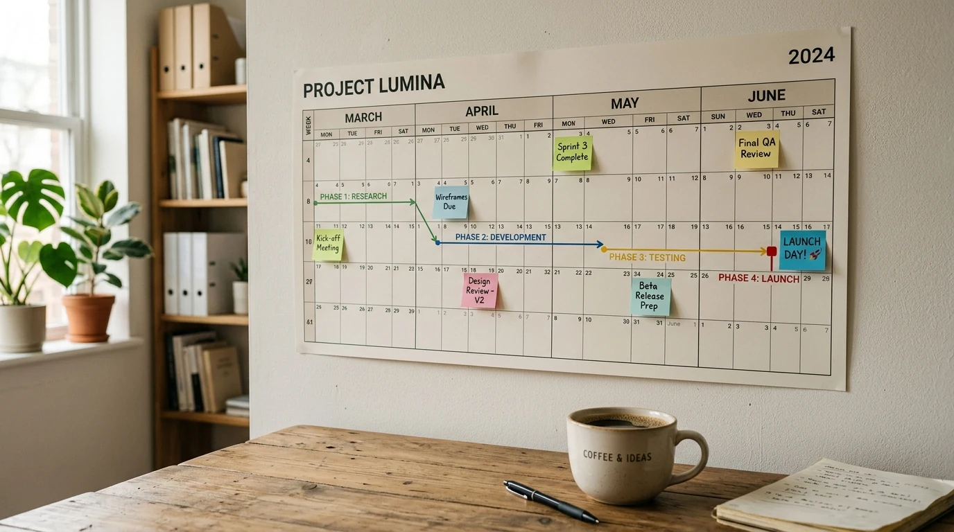 Project timeline printed on a wall calendar with sticky notes marking milestones beside a coffee mug.